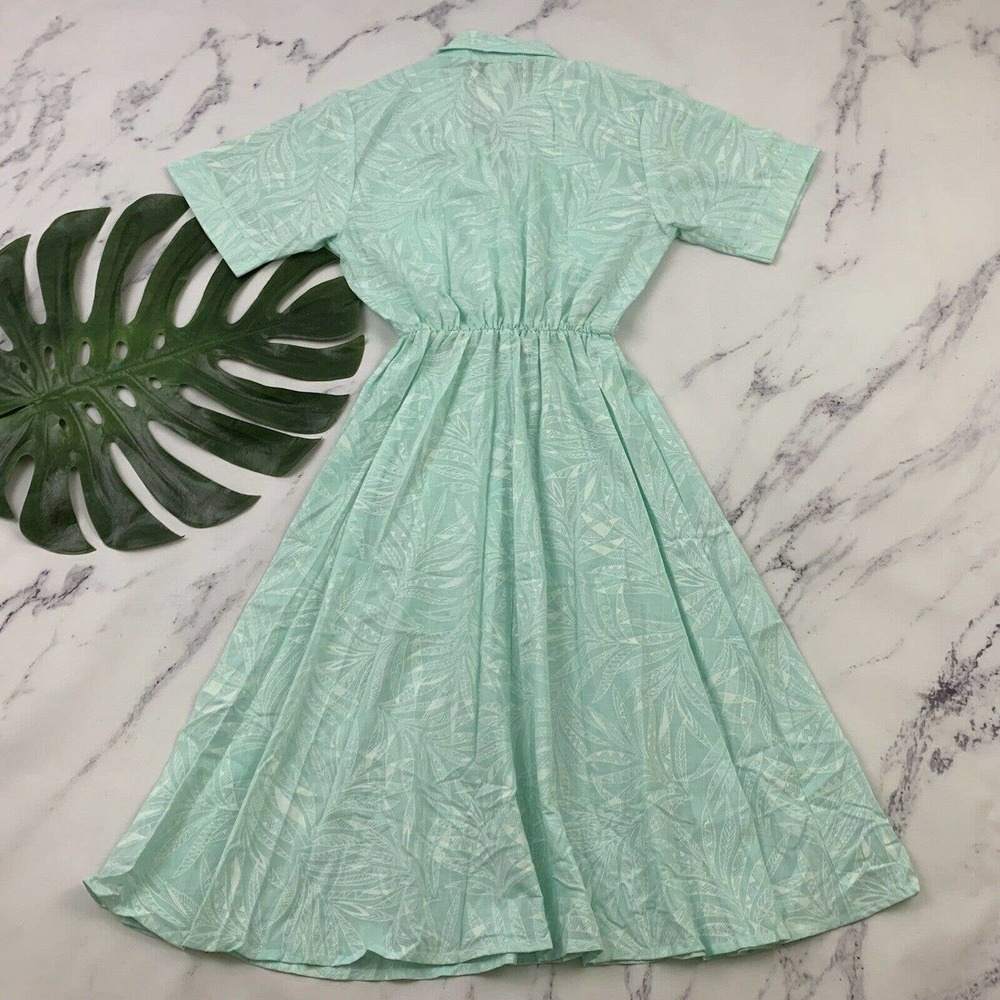 Womens Vintage Shirt Dress Size 8 Petite Mint Green Tropical Floral Midi Pastel - Picture 8 of 11